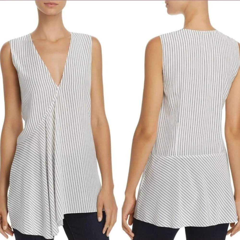 Theory 100% Silk Fluid Top S Small Ivory Black Pinstripe Asymmetric Draped Hem